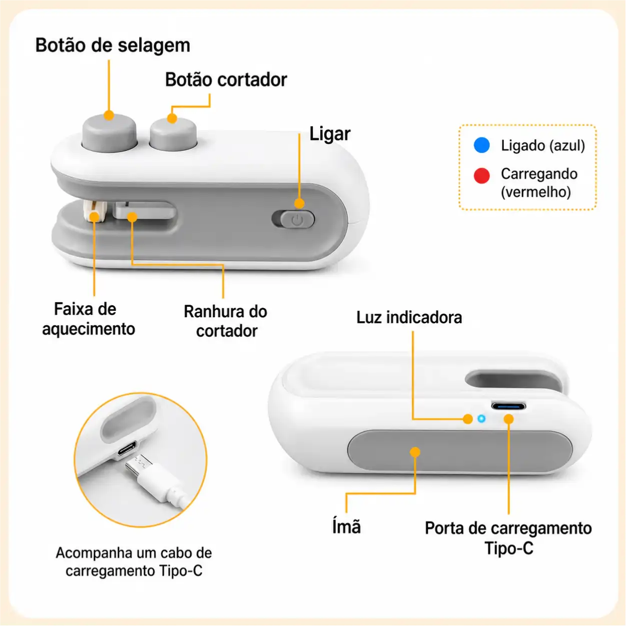 Máquina seladora portátil com cabo USB-C