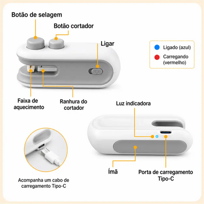 Máquina seladora portátil com cabo USB-C